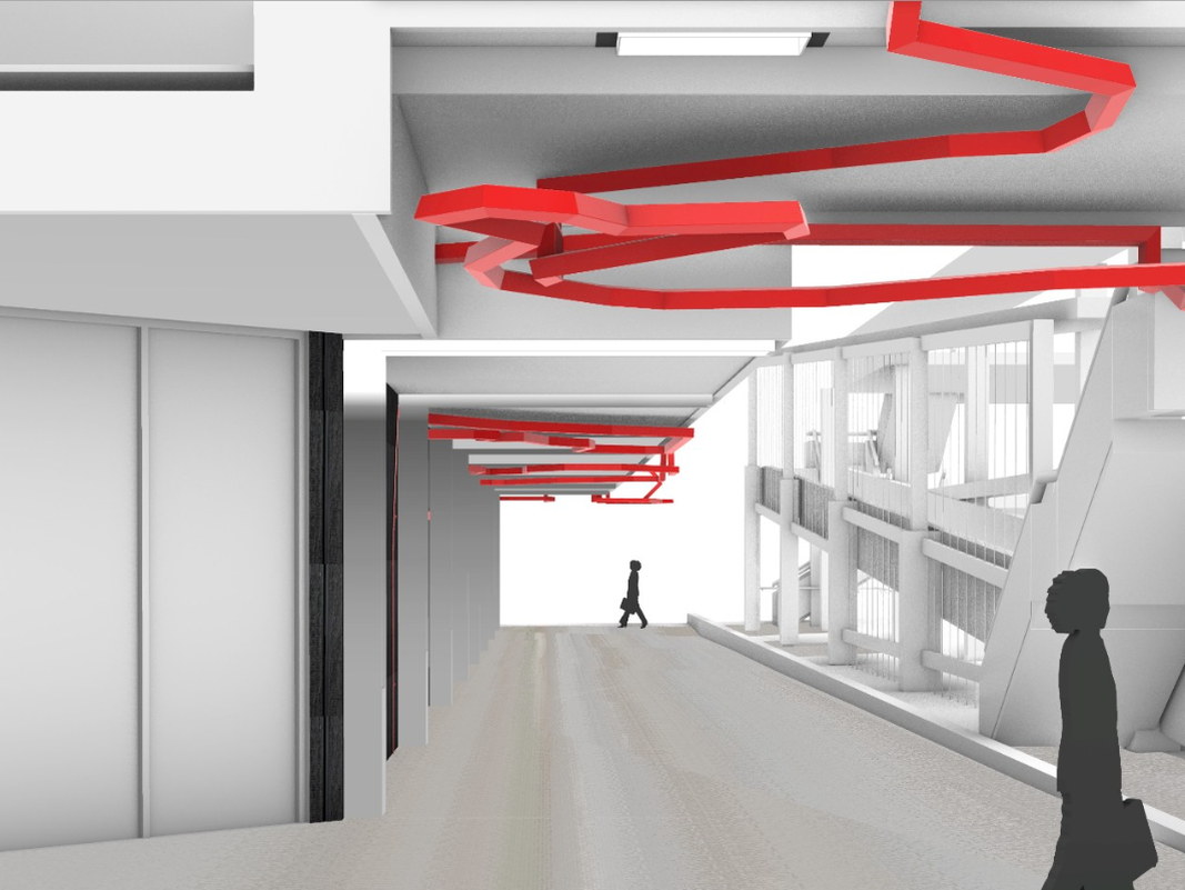 Terracotta-red reVITALise forms running overhead through the Park Avenue walkway